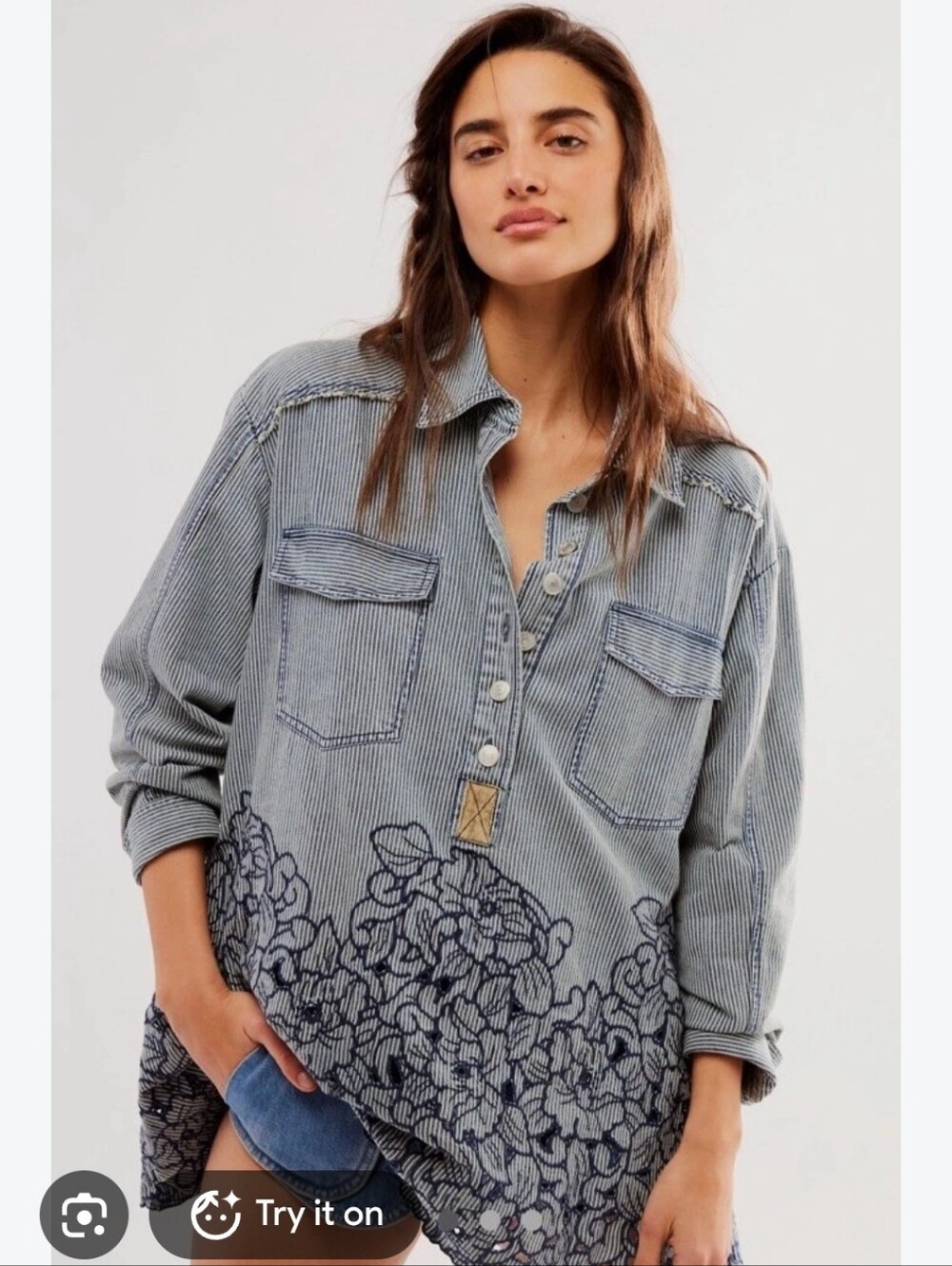 Free People Super Bloom Shirt Denim Railroad Stripe Floral Indigo Combo Xl NEW